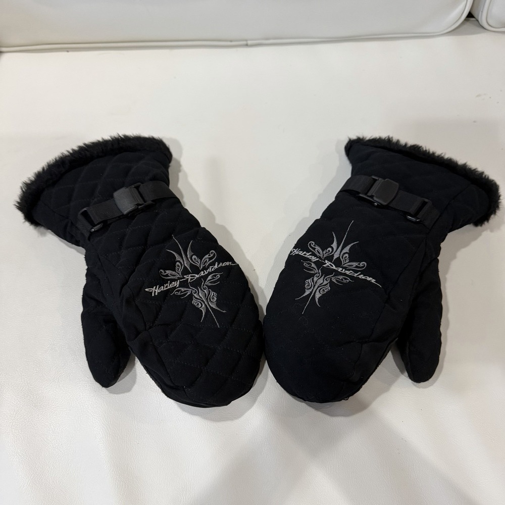 Harley-Davidson Women's Small Quilted Winter Mittens Black Faux Fur 2005 - Picture 5 of 12